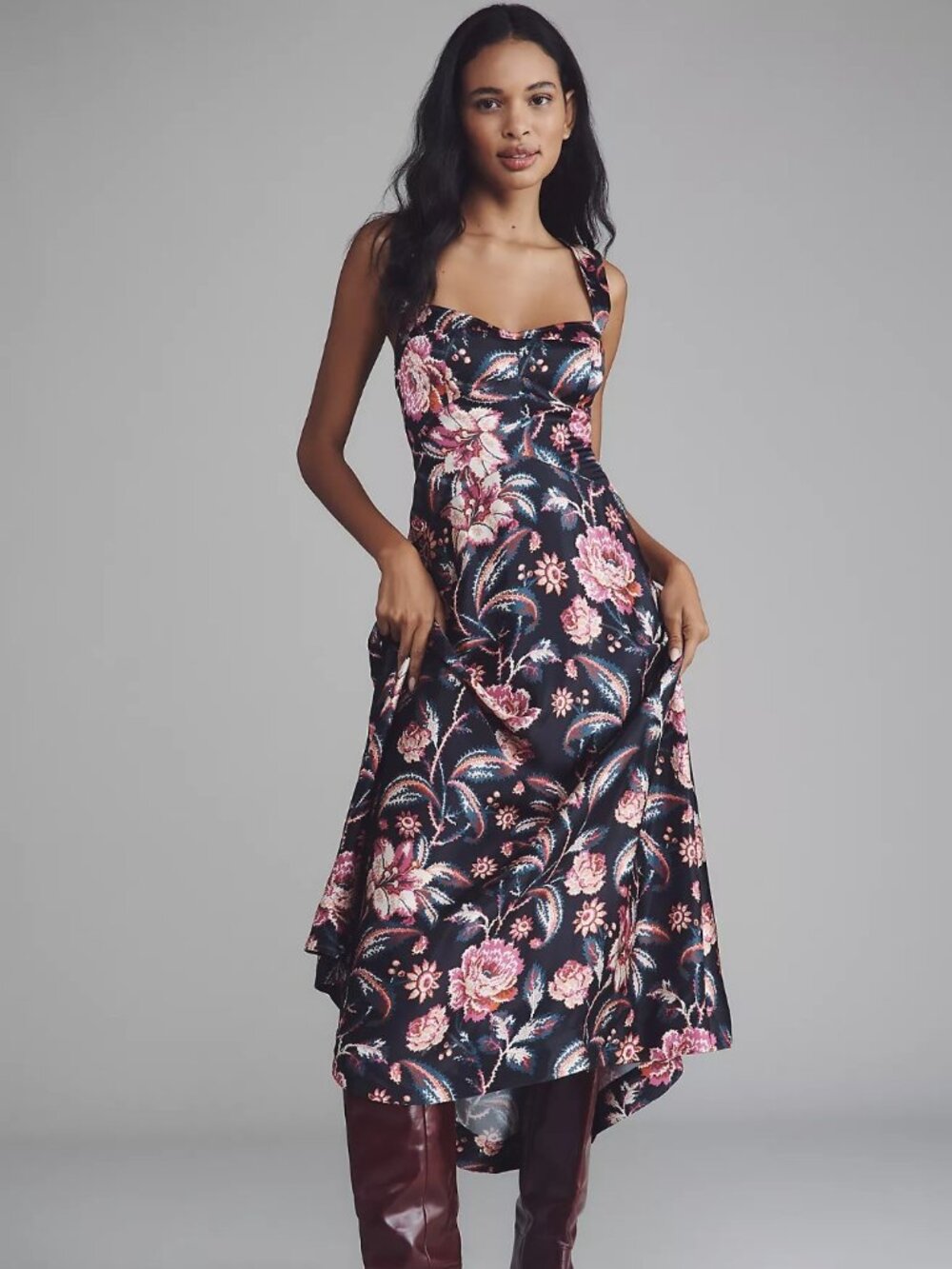 Anthropologie Navy Floral Maxi Dress with Pink Blossoms